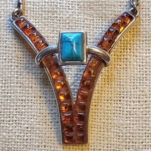 Turquoise and Amber Sterling Silver Necklace